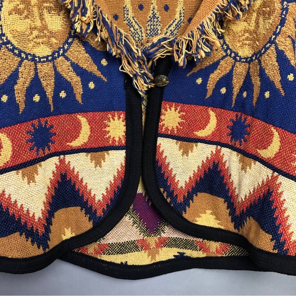 VTG Celestial Tapestry Jacket Blue Orange Sun Face Stars Moon Fringe Aztec - Picture 6 of 9